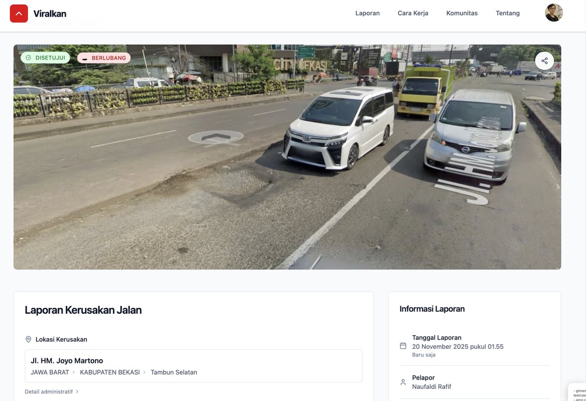 F2aldi's tweet image. Kalau enggak viral. Enggak diperbaiki. Memperkenalkan Viralkan, platform buat viralin jalan rusak. 

Goalnya buat mapping lokasi di Bekasi, target awal bekasi. Bsa masukin sluruh indonesia sih.

Current Feature
-Deteksi koordinate dri meta data gambar
- Generat caption

Next 
-…