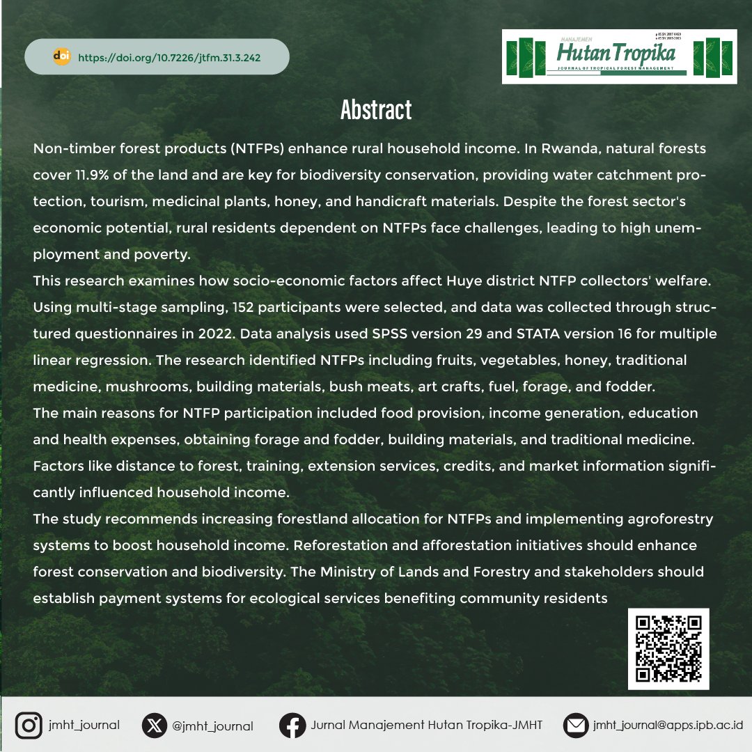jmhtjournal's tweet photo. This Study reveals how NTFPs support rural livelihoods in Rwanda. Key socio-economic factors such as forest access and  training highlighting the importance of integrating NTFPs into sustainable forest management

Visit https://t.co/Yp7LJekWqF to read more https://t.co/nU1Px6xAVs
