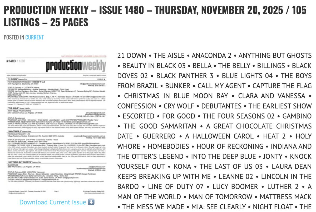 prodweek's tweet image. Production Weekly - Issue 1480 - Thursday, November 20, 2025 / 105 Listings - 25 Pages

Download Current Issue ⬇️

productionweekly.com/production-wee…