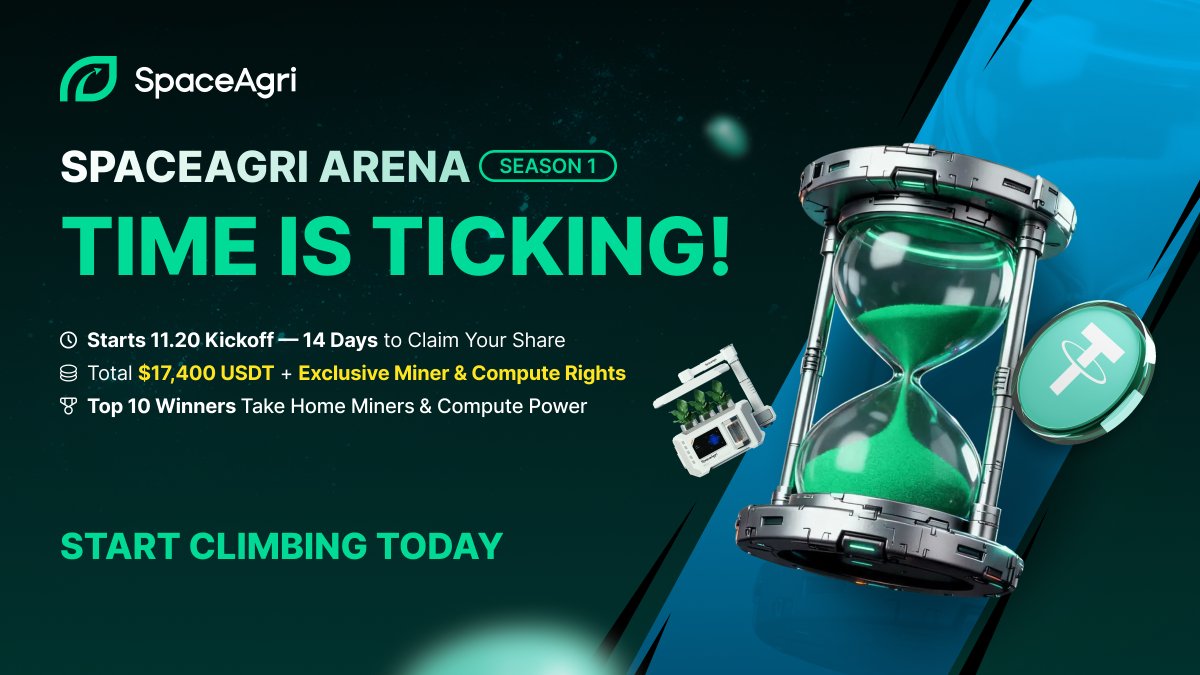 space_agri's tweet image. The rise begins. The Arena opens. 🌾⚡

 SpaceAgri Airdrop Arena Season 1 is now live.
💰 Rewards: $17,500 USDT
🔧 Top 10 claim mining rights + exclusive hardware
🏆 The leaderboard is active — the climb starts today.

Start your climb now. Join the Arena.

Full details:…