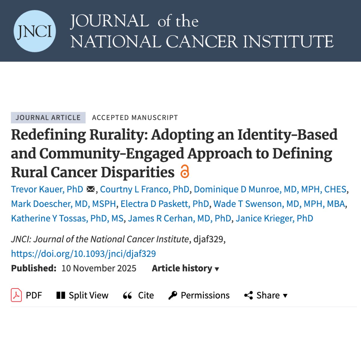 Our new publication in JNCI stems from our panel at Mayo Clinic's 2024 Rural Healthcare Conference: "Redefining Rurality"—Adopting Identity-Based &amp; Community-Engaged approaches to define rural cancer disparities.  #RuralHealth #CancerDisparities 
doi: doi.org/10.1093/jnci/d…