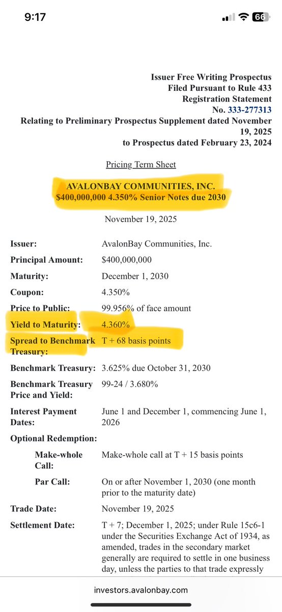 RealAssetsValue's tweet image. $AVB - $400m of 5yr notes at 4.36% YTM, 68 bp spread to treasuries (!!)
