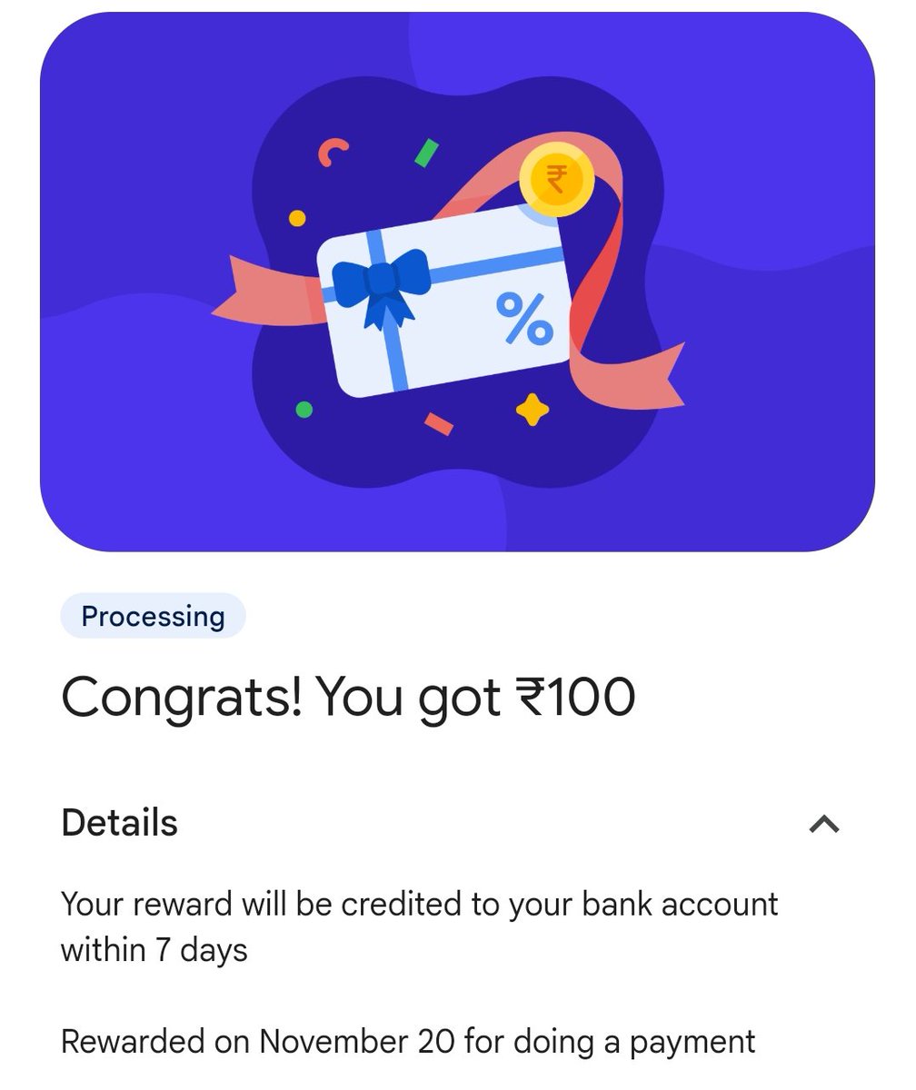 Gpay - 1st 10 thousand winners get flat 40% cashback (up to ₹100) upon purchase of Gift cards

Bought 250 Zepto GV and received 100₹+8₹ Cashback 

This works only if the banner is showing on the Home Page or Gift Cards Section