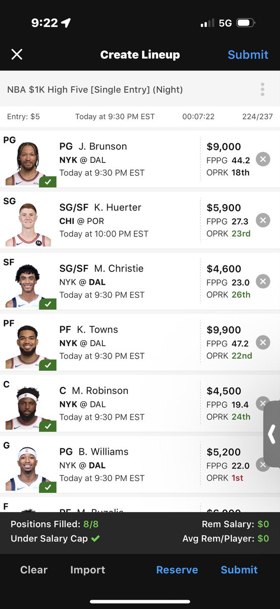 One more - 11-19 #NBA #DFS #DraftKings with Brunson confirmed