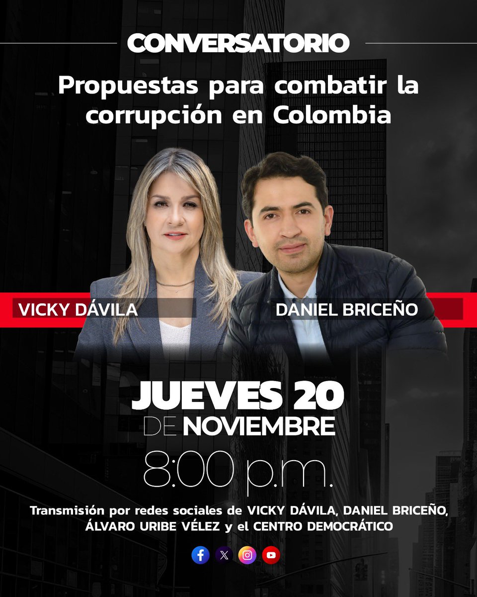 Este jueves estaré con Daniel Briceño hablando de corrupción y cómo combatirla y enfrentarla. Los esperamos 8:00 pm. 

El nuevo Gobierno tiene la obligación de ser intachable, no podemos quedarles mal a los colombianos que tanto están sufriendo. 
<a href="/Danielbricen/">Daniel F. Briceño</a> 
<a href="/AlvaroUribeVel/">Álvaro Uribe Vélez</a>