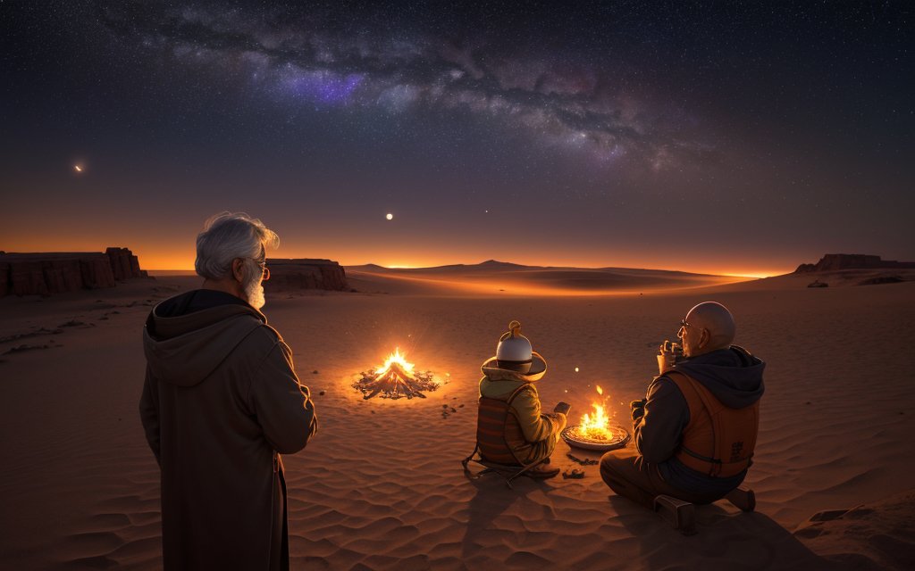 vu2lid's tweet image. Under a burning horizon we kept two small fires and one big promise.
Desert night realism, Milky Way sky, warm firelight. #AIArt #SkyVibes