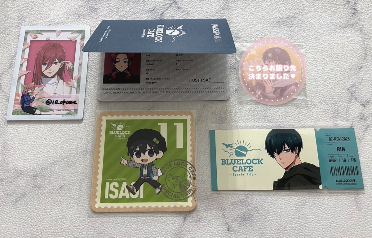 【交換】ブルーロック BLUE LOCK CAFE ～special trip～ ブルーロックカフェ

譲 ) パスポート：冴
　　コースター：潔
　　チケット：凛

求 ) コースター：玲王
　　パスポート、チケット：凪

◼︎郵送 or 11/23・11/30〜夕方池袋手渡し

お気軽にお声掛けください☺︎
