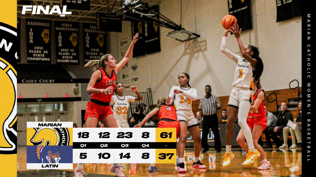 Final. SPARTANS WIN! 💛🖤

Marian Catholic defeats Latin 61–37 to move to 2–0!

Ty Jackson led the way with 22 points, 13 rebounds, and 3 assists, while senior Nyila Williams added 14 points and 3 boards.

🏀Next up: Elmhurst Thanksgiving Tournament on Saturday. 

#GoSpartans
