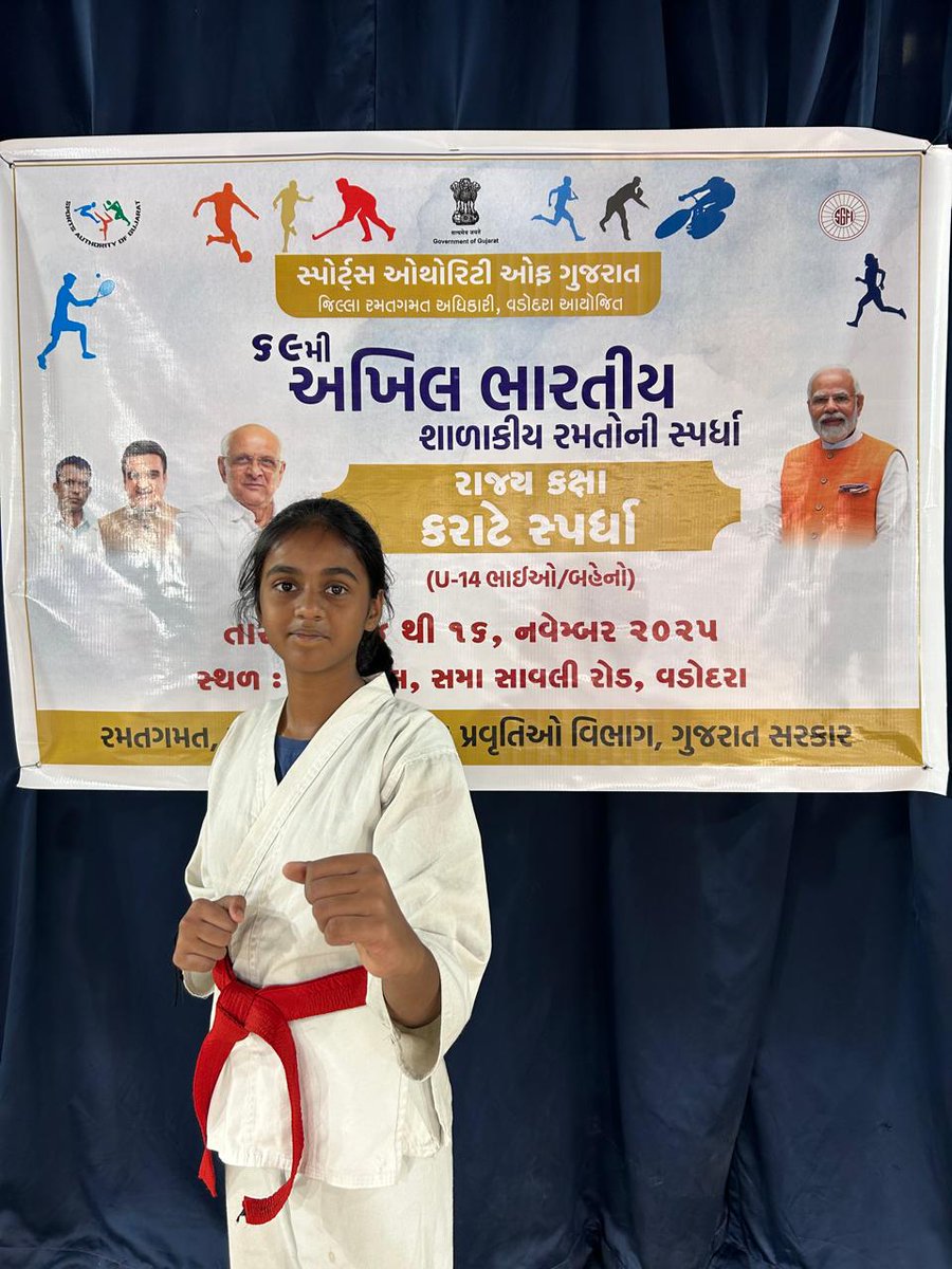 DPSTapi's tweet image. DPS Tapi participated in Khel Mahakumbh State Level Karate Championship on 14-15 November 2025. The students showcased their talents and skills with immense enthusiasm and dedication. Dhanyaa Kishore (VI-A) actively Participated in the Championship.