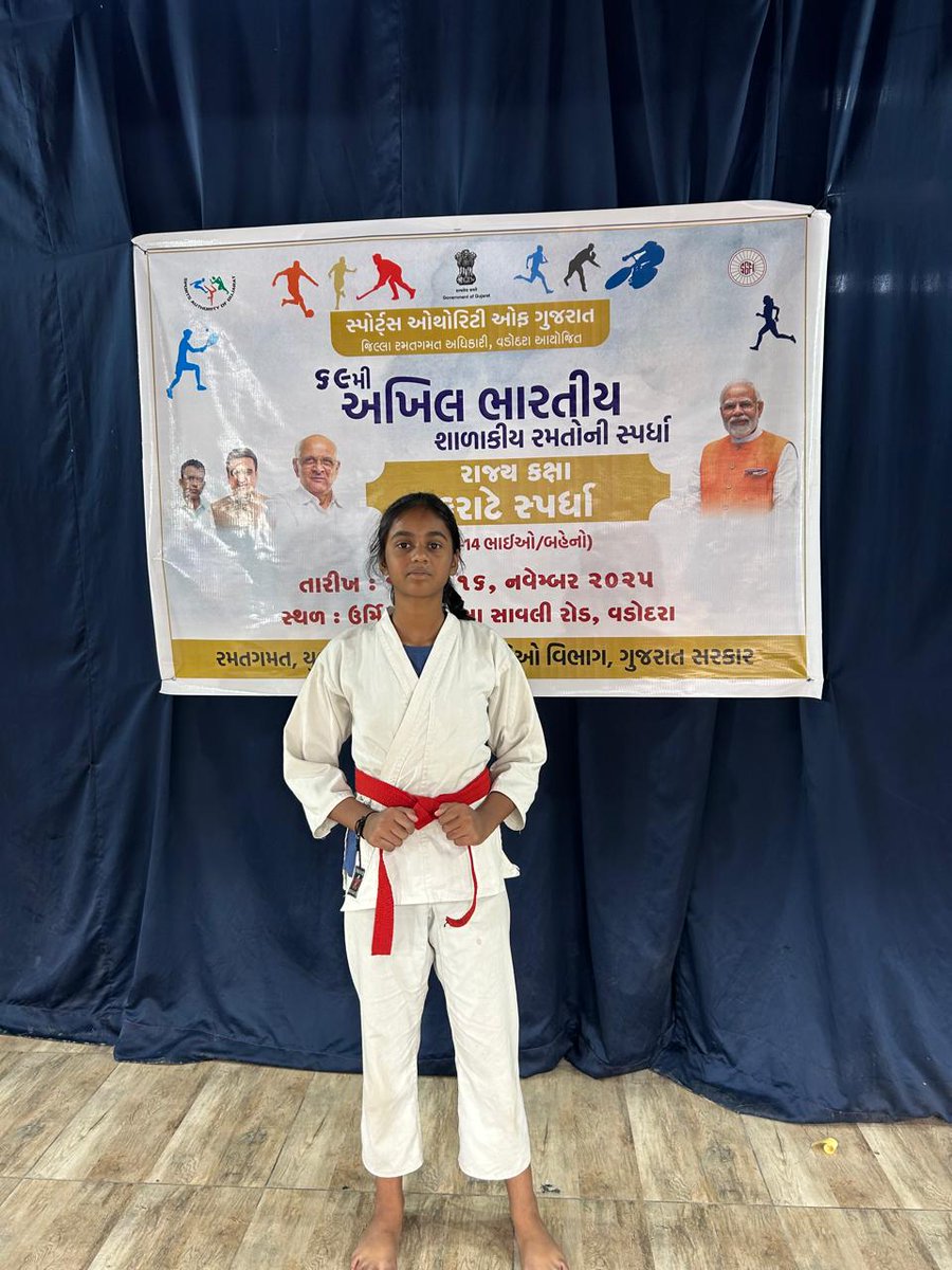 DPSTapi's tweet image. DPS Tapi participated in Khel Mahakumbh State Level Karate Championship on 14-15 November 2025. The students showcased their talents and skills with immense enthusiasm and dedication. Dhanyaa Kishore (VI-A) actively Participated in the Championship.