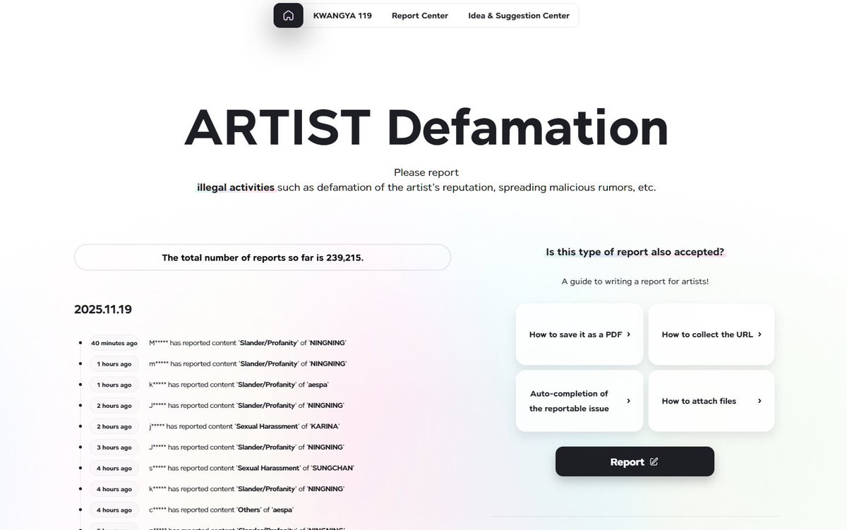 🚨 KWANGYA 119 TEMPLATE 🚨

We encourage everyone to participate in sending reports to KWANGA 119.

KWANGYA 119 website:
kwangya119.smtown.com/artist-list

Current Template ver 1 (Ningning):
tinyurl.com/bdxpfpa2

Current Template ver 2 (aespa):
tinyurl.com/mvvts3w7

References to