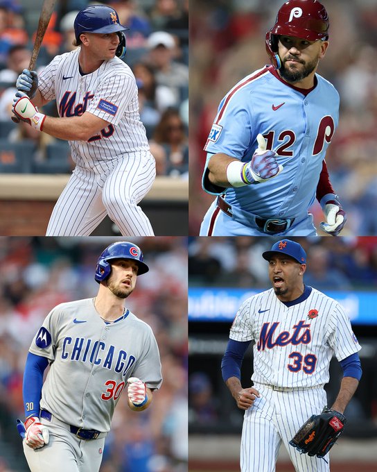 A 4-square image featuring free agents.
Top left: Pete Alonso is mid batting-stance. He is wearing a white pinstripe Mets uniform.
Top right: Kyle Schwarber puts his thumb up while wearing a powder blue Phillies uniform.
Bottom left: Kyle Tucker rounds the bases while wearing a gray Cubs uniform.
Bottom right: Edwin Díaz shows emotion while wearing a white pinstripe Mets uniform.