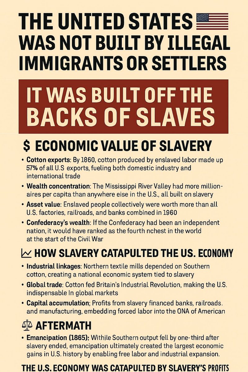 Monsoon82657882's tweet image. Why This Matters !
The narrative of “immigrants built America” often erases the fact that enslaved Freedmen, known today as Foundational Black Americans had no choice, we, were forced to build the wealth that settlers and later immigrants benefited from to this day. #Reparations
