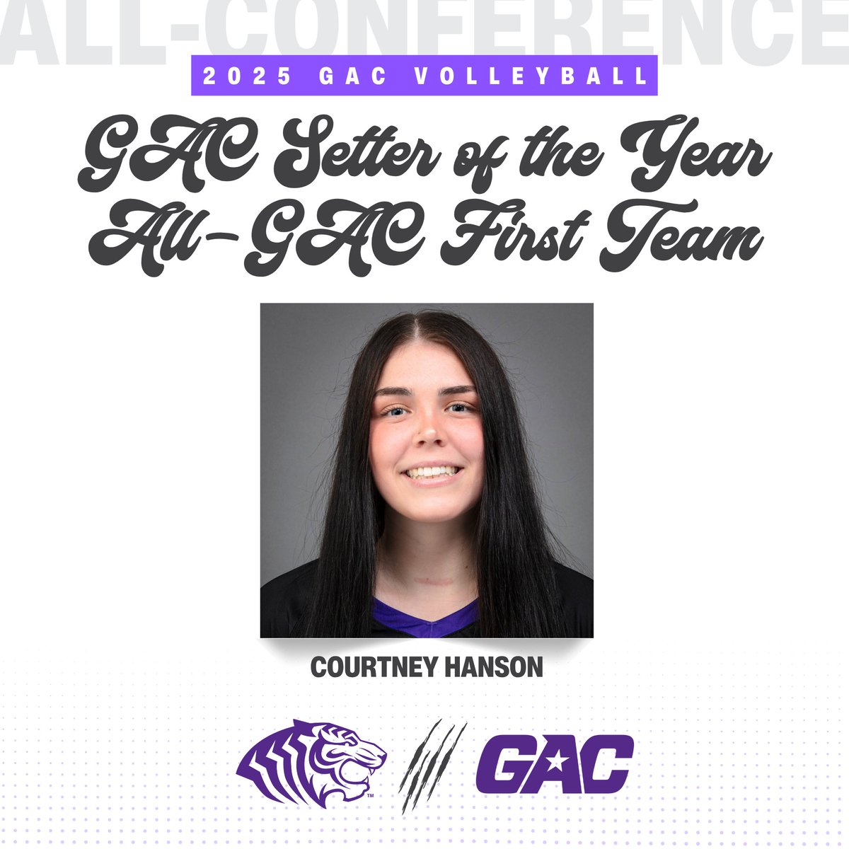 Congrats to Courtney on earning her fourth All-GAC honor and second GAC Setter of the Year award!

bit.ly/3JYewsc | #theGAC | #BringYourRoar🐅