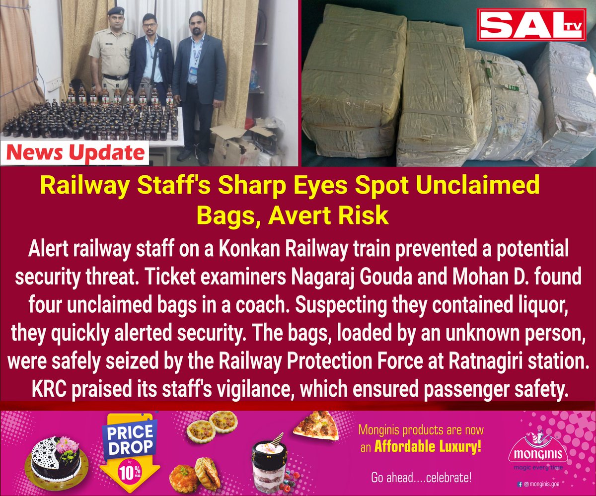 SaLtvgoa's tweet image. Railway Staff&apos;s Sharp Eyes Spot Unclaimed Bags, Avert Risk
🔴Get the latest headlines, updates, and live streams—follow SAL TV now!
Alert railway staff on a Konkan 
#KonkanRailway #RailwaySafety #SecurityAlert #UnclaimedBags #VigilantStaff #PassengerSafety #RPF #TTE #TrainSafety