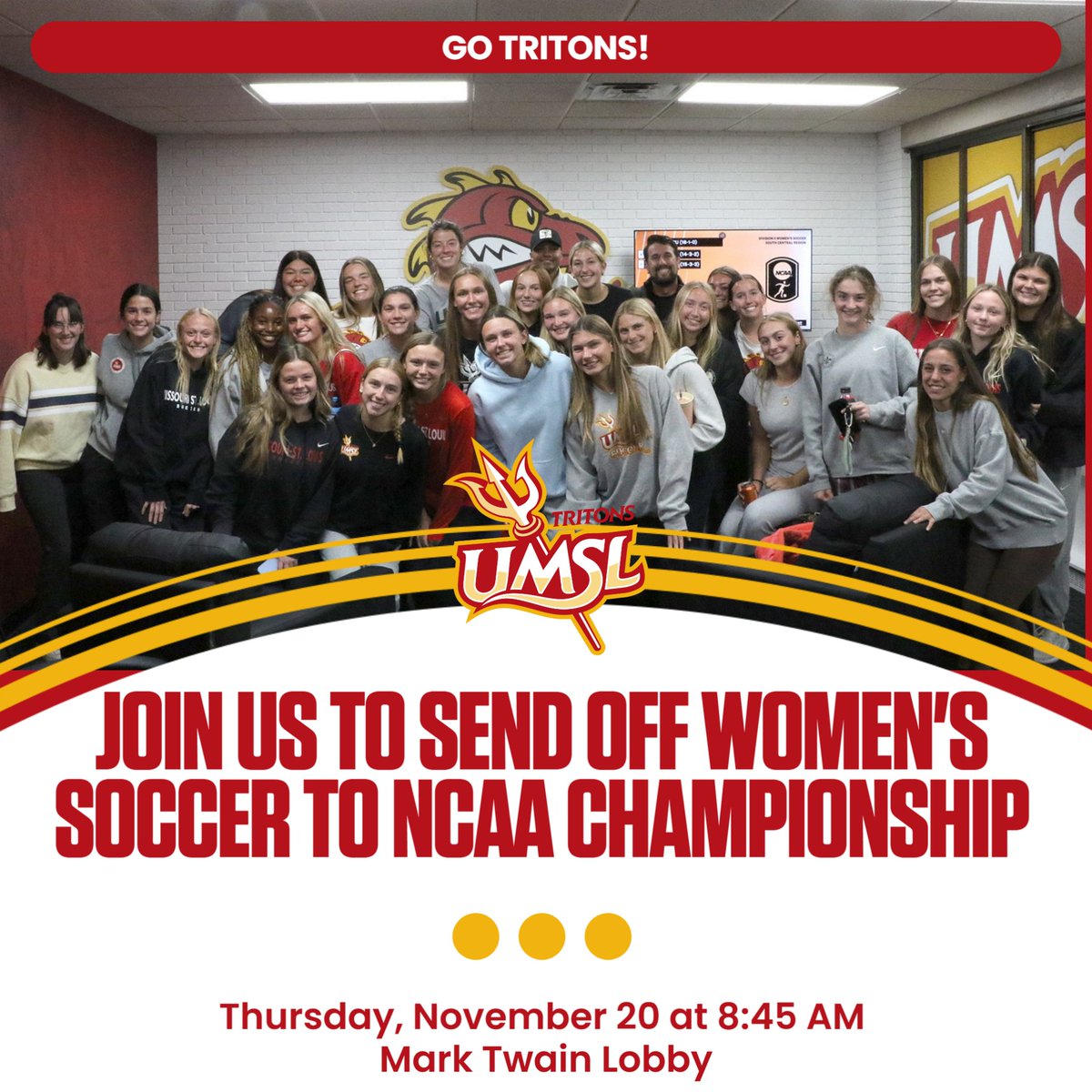 The UMSL Women’s Soccer Team is headed to the NCAA Championship! UMSL Athletics will host a send-off tomorrow at 8:45 a.m. Come show your support and celebrate the team’s incredible season as they take the national stage. #UMSLglob