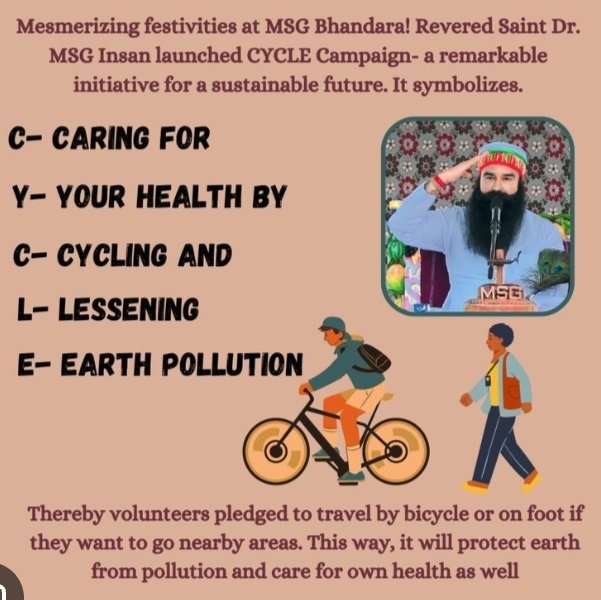 humanityworkers's tweet photo. Cycle- A multipurpose initiative with various benefits🌀 
Air pollution is increasing day by day, for that Saint Dr. MSG started CYCLE- campaign and millions of people have pledged to use bicycles for short distance in order to maintain environment and health.
#CyclingForChange https://t.co/XnImsdTRrr