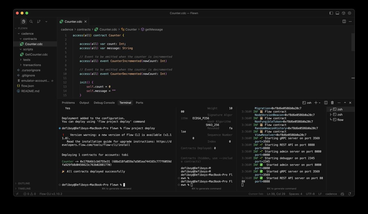 defiboyszn's tweet image. My first contract has been deployed on @flow_blockchain

First non Solidity language I&apos;m liking 🥹
Most of my friends know me as a Solidity only dev who hates other languages.

I&apos;d be documenting all my activities to becoming a dev advocate for @flow_blockchain 

#Day1onFlow