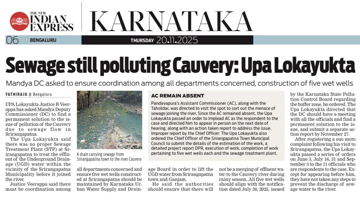 Sewage still polluting Cauvery: Upa Lokayukta newindianexpress.com/states/karnata… 
<a href="/XpressBengaluru/">TNIE Karnataka</a> <a href="/dcmandya/">DC Mandya</a> <a href="/mandyazp/">Mandya Zilla Panchayath ಮಂಡ್ಯ ಜಿಲ್ಲಾ ಪಂಚಾಯತ್</a> <a href="/DKShivakumar/">DK Shivakumar</a> <a href="/CMofKarnataka/">CM of Karnataka</a> <a href="/PMOIndia/">PMO India</a> <a href="/rashtrapatibhvn/">President of India</a> <a href="/DoWRRDGR_MoJS/">Ministry of Jal Shakti, DoWR, RD&GR, GoI</a> <a href="/karnatakakspcb/">Karnataka State Pollution Control Board</a> <a href="/hd_kumaraswamy/">ಹೆಚ್.ಡಿ.ಕುಮಾರಸ್ವಾಮಿ | HD Kumaraswamy</a> <a href="/bwssbchairman/">BWSSB</a> <a href="/osd_cmkarnataka/">Office of the OSD to CM Karnataka</a> <a href="/mg_chetan/">MG Chetan</a> <a href="/ramupatil_TNIE/">Ramu Patil</a> <a href="/mkstalin/">M.K.Stalin - தமிழ்நாட்டை தலைகுனிய விடமாட்டேன்</a>