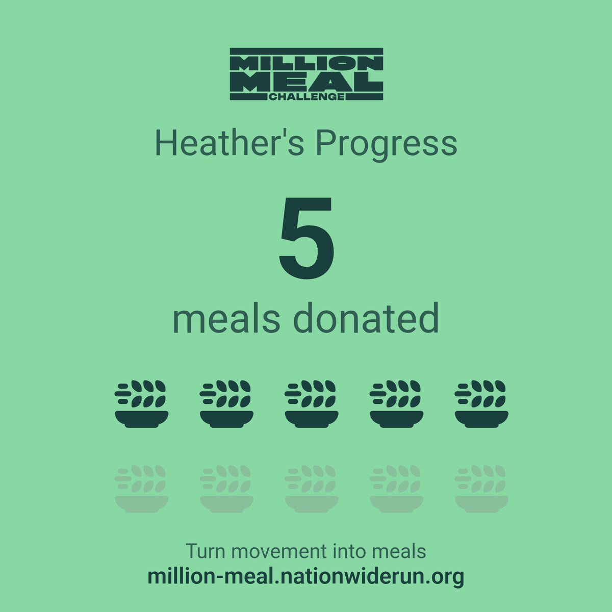 🍽️ I've donated 5 meals through the Million Meal Challenge! Join me
in fighting hunger by turning  movement into meals 🍽️ 
 
#MillionMealChallenge #RunAcrossAmerica
#MilesToMeals #MoveForGood #TurnMilesIntoMeals #FeedingAmerica #EndHunger #Thanksgiving 

million-meal.nationwiderun.org