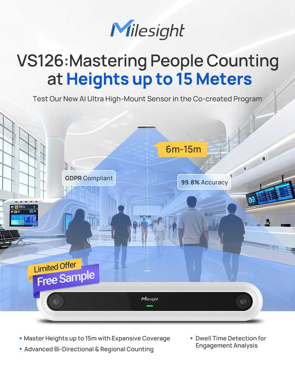 MilesightIoT's tweet image. VS126: AI people counter for 15 m ceilings. Free samples via our Co-created Program. Details: milesight.com/iot/product/co…