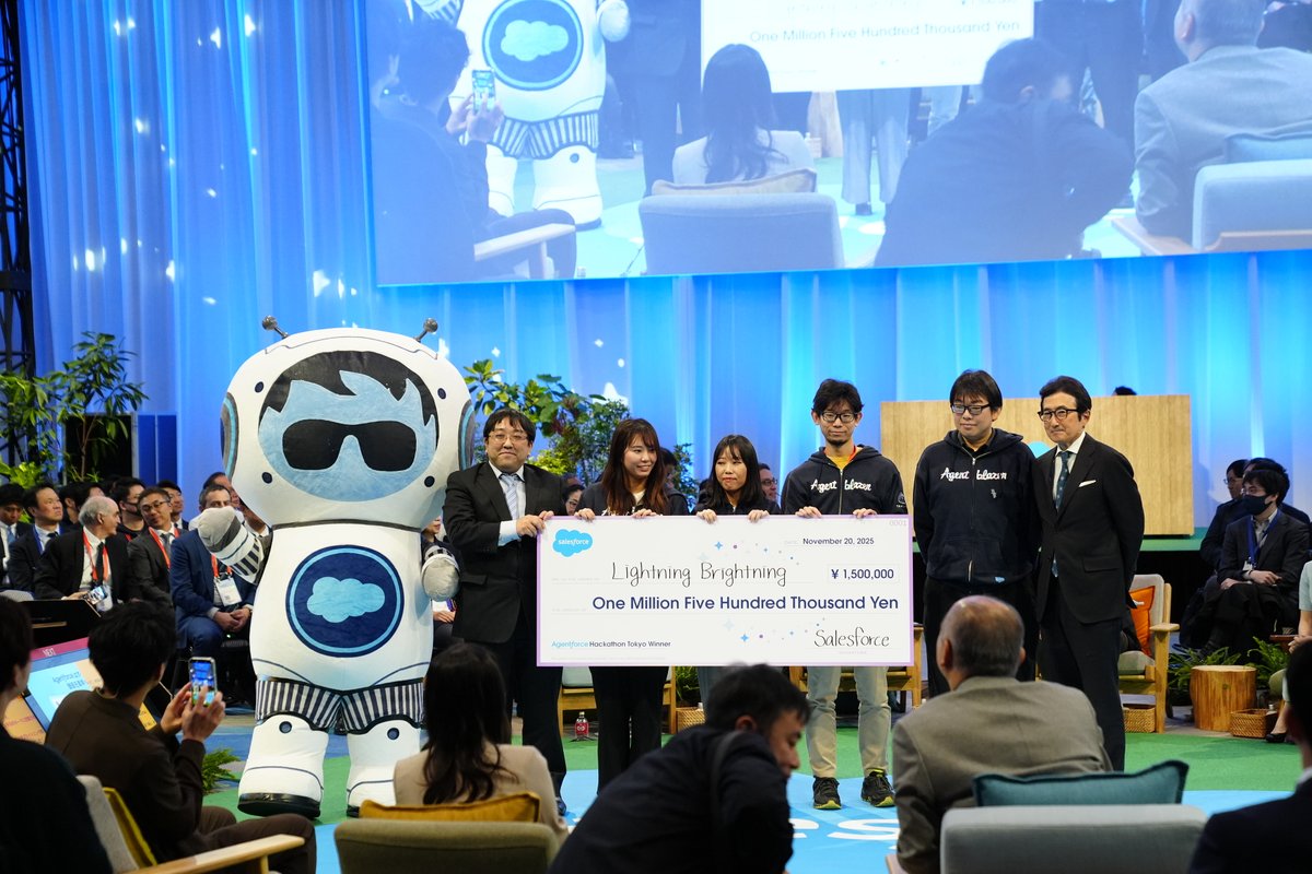 SalesforceJapan's tweet image. -ˏˋ✨ついに発表 ✨ˎˊ˗
🛠️ #Agentforce Hackathon Tokyo 🛠️

初代王者の称号を手にしたのは…
　🏆 Lightning Brightning

おめでとうございます🎉✨

2位・3位・特別賞は、
このあとのSalesforce Today の中でご紹介します👇
sforce.co/47Du9Ng