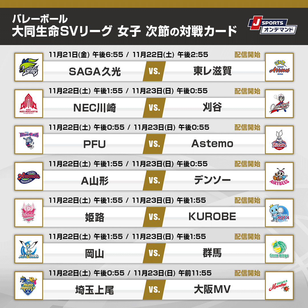 jspo_volleyball's tweet photo. ／
大同生命SVリーグ 次節の対戦カード🏐
＼

※11月20日現在

男子の試合日程はこちら⬇
https://t.co/EXvvidvWBr

女子の試合日程はこちら⬇
https://t.co/yhdUTvbbT5