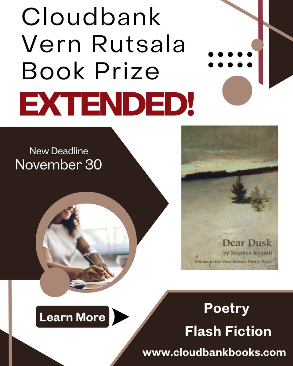 newpages's tweet image. You have until Nov 30 to submit an unpublished collection of poetry, flash fiction, or a combo of both to Cloudbank&apos;s Vern Rutsala Book Prize. Winner receives $1,000, book publication, &amp;amp; 50 copies. $25 fee. Judge is Robert Morgan.

#writers #writingcontest newpages.com/guide-submissi…