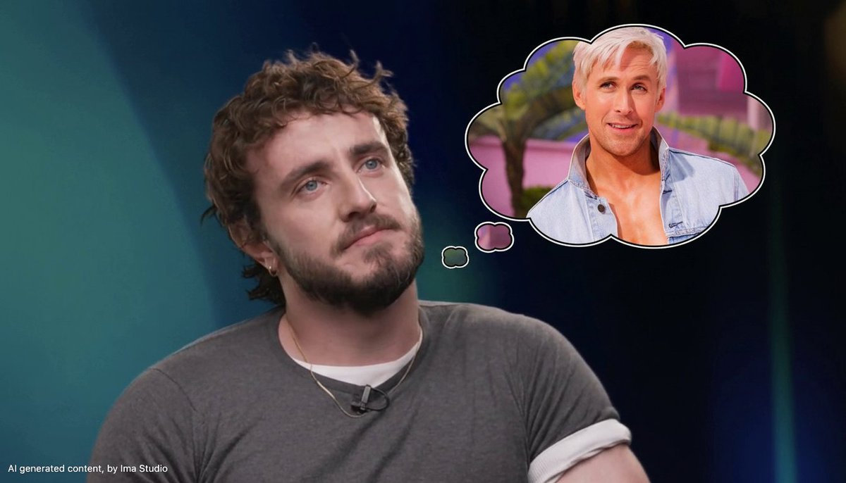 PhotoGridNews's tweet image. From the Paul Mescal interview scene to a playful fantasy: I transformed this image into a dreamlike scene with Ryan Gosling&apos;s thought bubbles using ImaStudio. It&apos;s super easy to remix your favorites! #imastudio #nanobanana #PaulMescal #RyanGosling