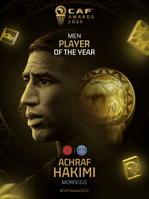 InstantLoan_Hub's tweet photo. In a sky full of stars, one rises above them all! 🌟
Achraf Hakimi. 𝐇𝐚𝐤𝐢𝐦𝐢, crowned Player of the Year! 🇲🇦⚡
A season of brilliance, a career in motion, a legacy in the making.
#CAFAwards2025 #FootballExcellence #MoroccoMagic https://t.co/h3qeUSCTS6