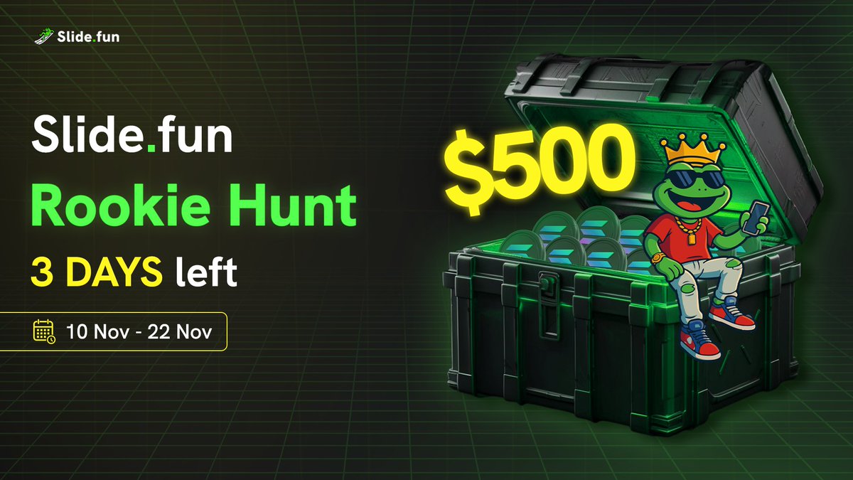 SlideFunBot's tweet image. ⏳ 3 days left for ROOKIE HUNT!

Your chance to grab a share of $500 is almost over 

💰 Rewards:
Top 5 by XP share $100
50 random winners share $400

🔥 Create, trade and climb the ranks on Slide.fun before it ends.

Don’t sleep on it, time’s ticking!
👉…