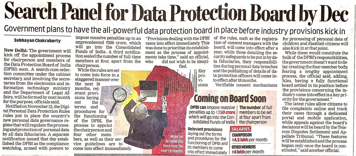 Under Digital Personal Data Protection Rules, Gov will set up a powerful Data Protection Board of India (DPBI).

DPBI
&gt;Composition: 4 full time members + 1 Chairperson
&gt;Can impose penalty up to 250 Cr
&gt;Appeal against board can be heard by Telecom Disputes Appellate Tribunal