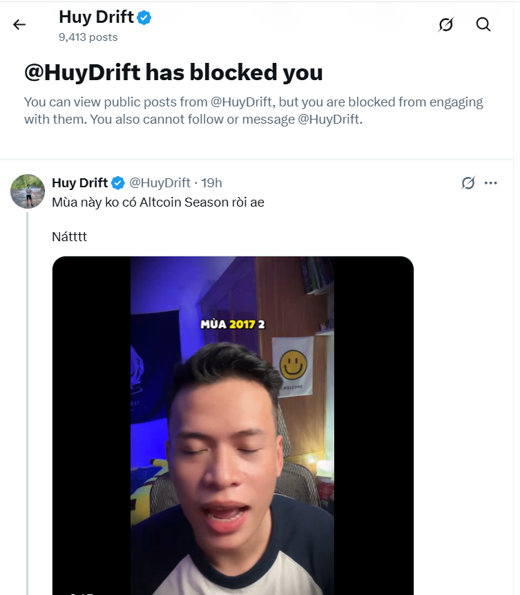 ơ Huy blocked mình rồi, hihi. thánh cramer của VN đã cắt lỗ hết và kêu chờ 2026 sẽ bắt đáy, ko còn altcoins ss gì nữa.
dấu hiệu mùa uptrend đã đến, kkk.