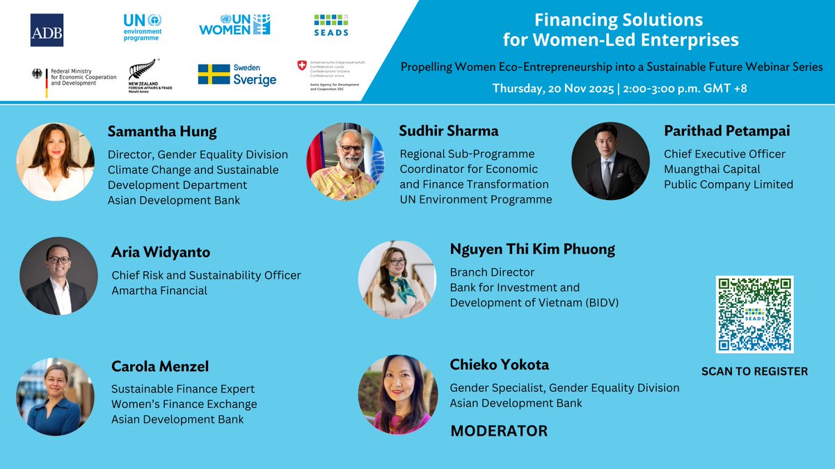 Starting today at 2 p.m. 🌱

A quick, powerful session on financing solutions for women-led eco-enterprises.

Register: seads.adb.org/events/financi…

#SEADSWebinar #WomenLedBusiness