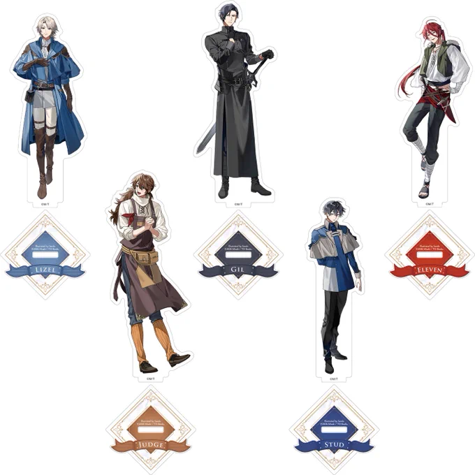 #穏やか貴族の休暇のすすめ。 \1/10発売グッズ、ついにデザイン公開/ 原作公式HP更新! 1)アクリルスタンド第2弾(全5種) さんど先生描き下ろし! 冒険者姿のリゼル&主要キャラの等身アクスタです!
