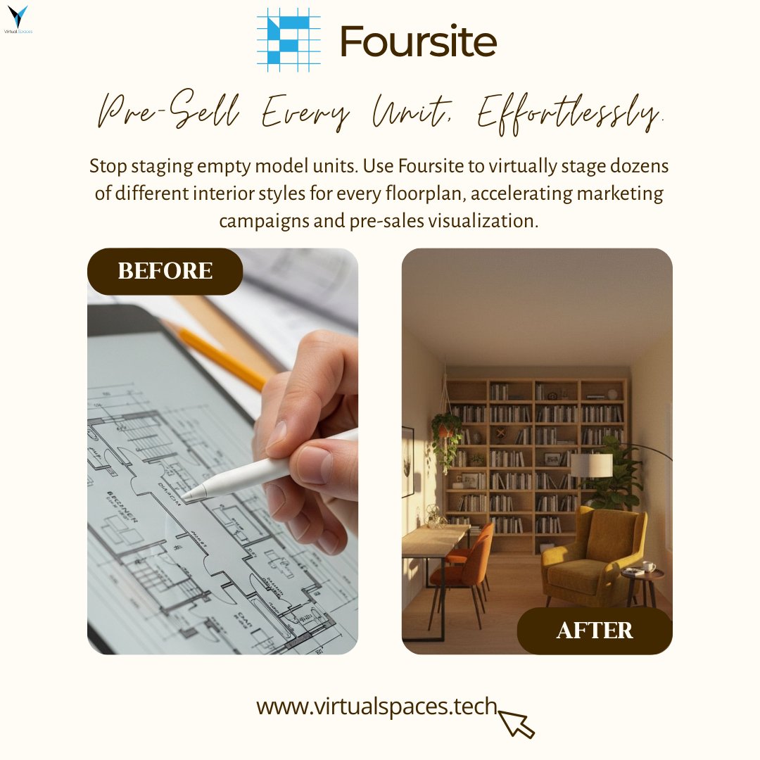 VirtualSpacesIn's tweet image. Transform blueprints into beautiful interiors - instantly! Interior Designers &amp;amp; Architects: Reimagine every floorplan with Foursite. Just stunning virtual staging in seconds.
Try it now 👉 virtualspaces.tech
#PropTech #RealEstate #InteriorDesign #2Dto3D #BlueprintTo3D