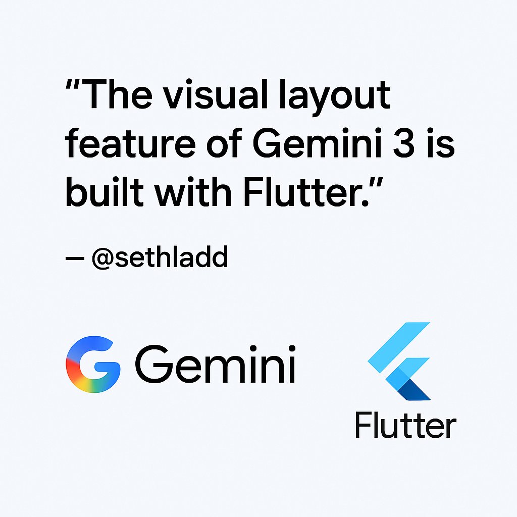 Singh_Jasminder's tweet image. “The visual layout feature of Gemini 3 is built with Flutter.” — @sethladd 

If Google trusts Flutter for web UI at scale, we should too. 🚀

@flutterdev @GoogleDevIndia @GeminiApp 
#Flutter #FlutterWeb #WebDev #TechTwitter
