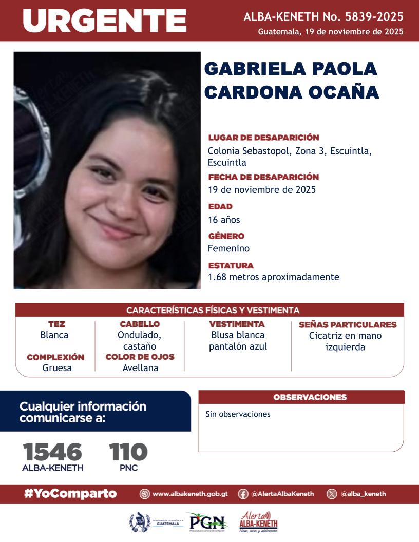 alba_keneth's tweet image. #AlertaAlbaKeneth⚠️| Gabriela Paola Cardona Ocaña de 16 años de edad. Desapareció el 19 de noviembre de 2025, Colonia Sebastopol, zona 3, Escuintla.  📷Comparte y ayúdanos con su localización. 📷#YoComparto