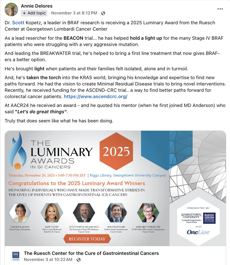 Congratulations to Dr. Scott Kopetz!
<a href="/RueschCenter/">Cure GI Cancers</a> chose well for the 2025 Luminary Award!

Really easy to say a lot of great things about Dr. <a href="/skopetz/">Scott Kopetz</a> ...   but, really -- it's all so true and his career has been so impactful for BRAF colorectal cancer patients around the world.