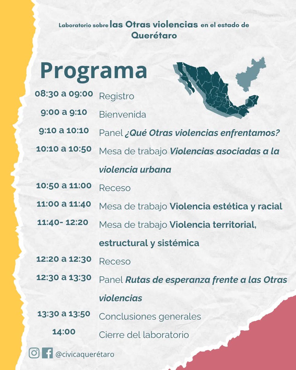 Nos vemos este sábado en el laboratorio de las Otras violencias dónde colectivamente identificarnos y analizaremos las múltiples formas de violencia que comprometen la calidad de vida en el estado de #Querétaro