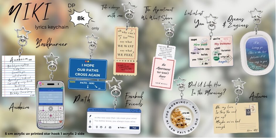 sells open po batch 6 NIKI’s lyrics keychain for u all related 🫨 there’s autumn, backburner, take a chance with me, paths, and many mores. Drop ur user if u interested😉 ©️ayssthings