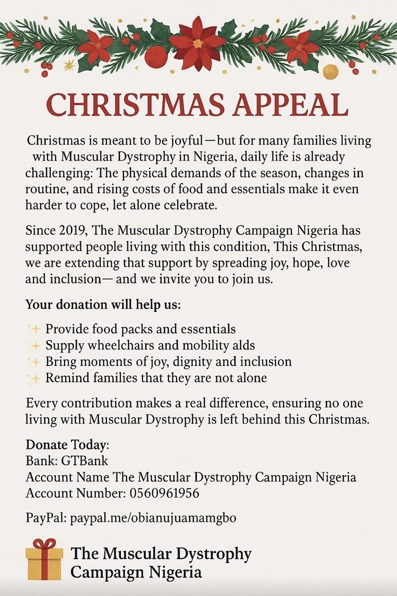 jucihart's tweet photo. Christmas brings joy for many, but for families living with #MuscularDystrophy in Nigeria, it’s a difficult season. 💔

We’re bringing love, joy and inclusion to brighten someone’s Christmas. ❤️

Please support us via the poster or contact me.
Thank you for your kindness. 🎄🎁 https://t.co/dEsQGOqqDm