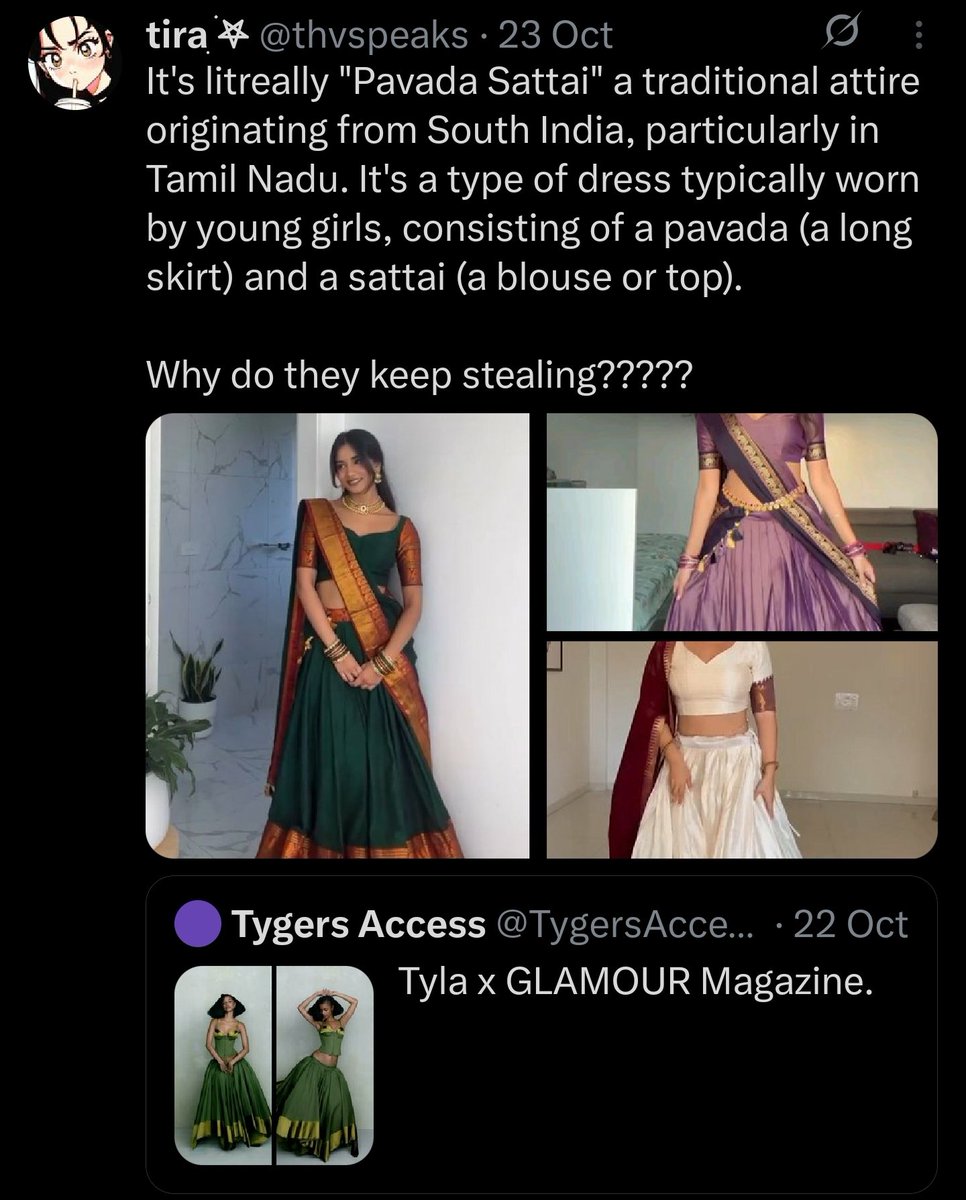 aravind's tweet photo. CCP Chinese and their Paki/B'deshi sepoys, Europeans, Americans are all on the same mission - depriving India of its culture and traditions by either appropriating them or propagating it as coming from another place. 

It is astounding that after three thousand years of openly sharing and giving, then getting plundered, this great land of Bharata still has so much to take away from! And some feel so threatened by it.

Goosebumps isn't it? But we need to act now as Indians. The least thing you can do is acknowledge this plunder without falling for their divisive traps using our regional differences. They will ultimately plunder from you too even if they tell you now "it is not Indian, but it is Tamil / Bihari /Punjabi" etc.

Follow accounts like @aslicheen,  @IndianAesthetik, @thvspeaks who bring out and challenge these cultural appropriations. They need thousands of more followers each, at least. And share their content so it informs more Indians to become aware of what is going on.