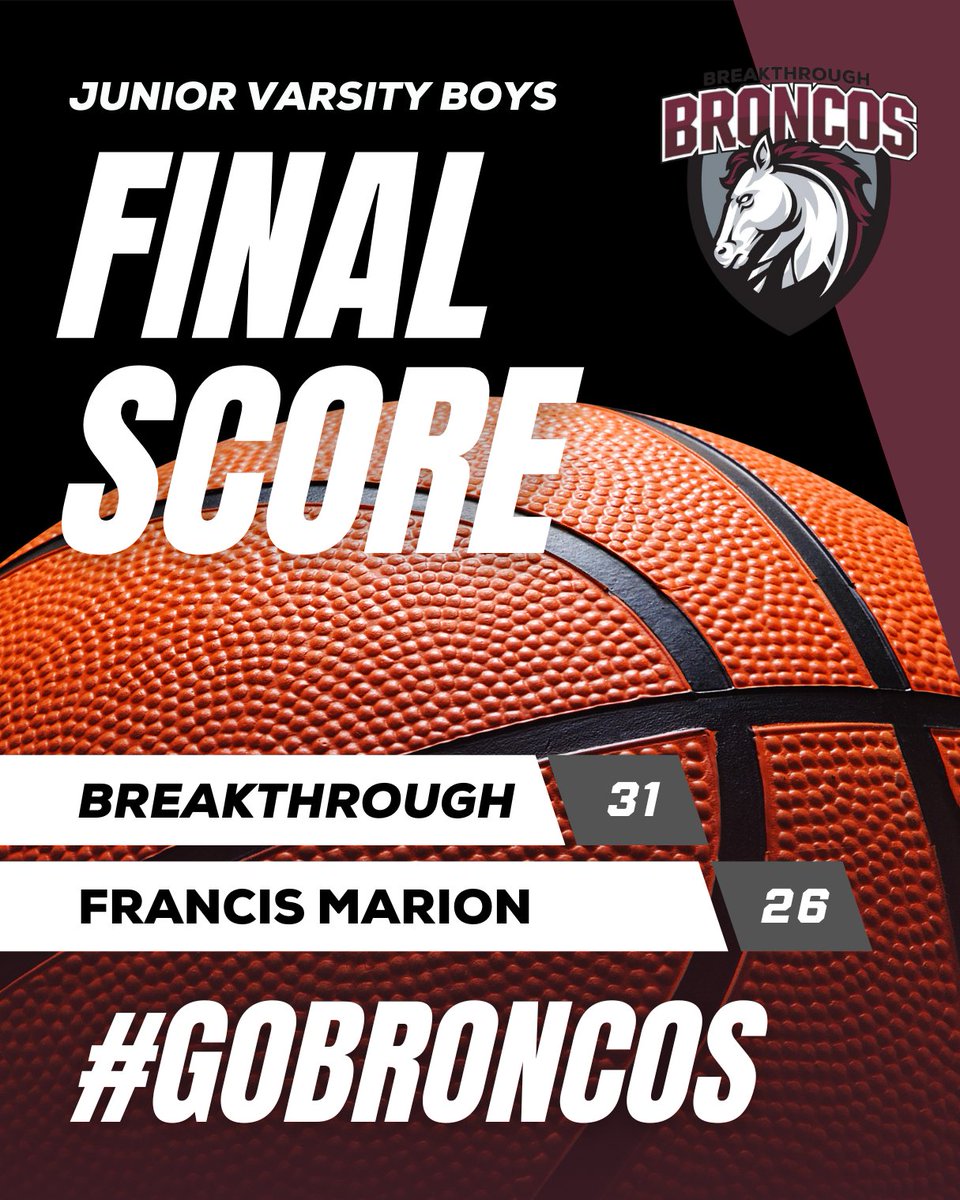 Breakthrough_CS's tweet image. Shoutout to our Junior Varsity Boys for beating Francis Marion 31-26! #GOBRONCOS! 🏀