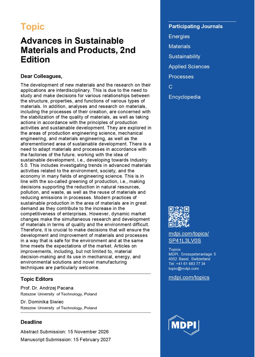 GaetanTang's tweet photo. #mdpitopic #callforpapers #sustainable_materials
📢MDPI organized a topic "Advances in Sustainable Materials and Products, 2nd Edition". 
👉https://t.co/KpTeFDfmX4 https://t.co/hdjukdnEr0