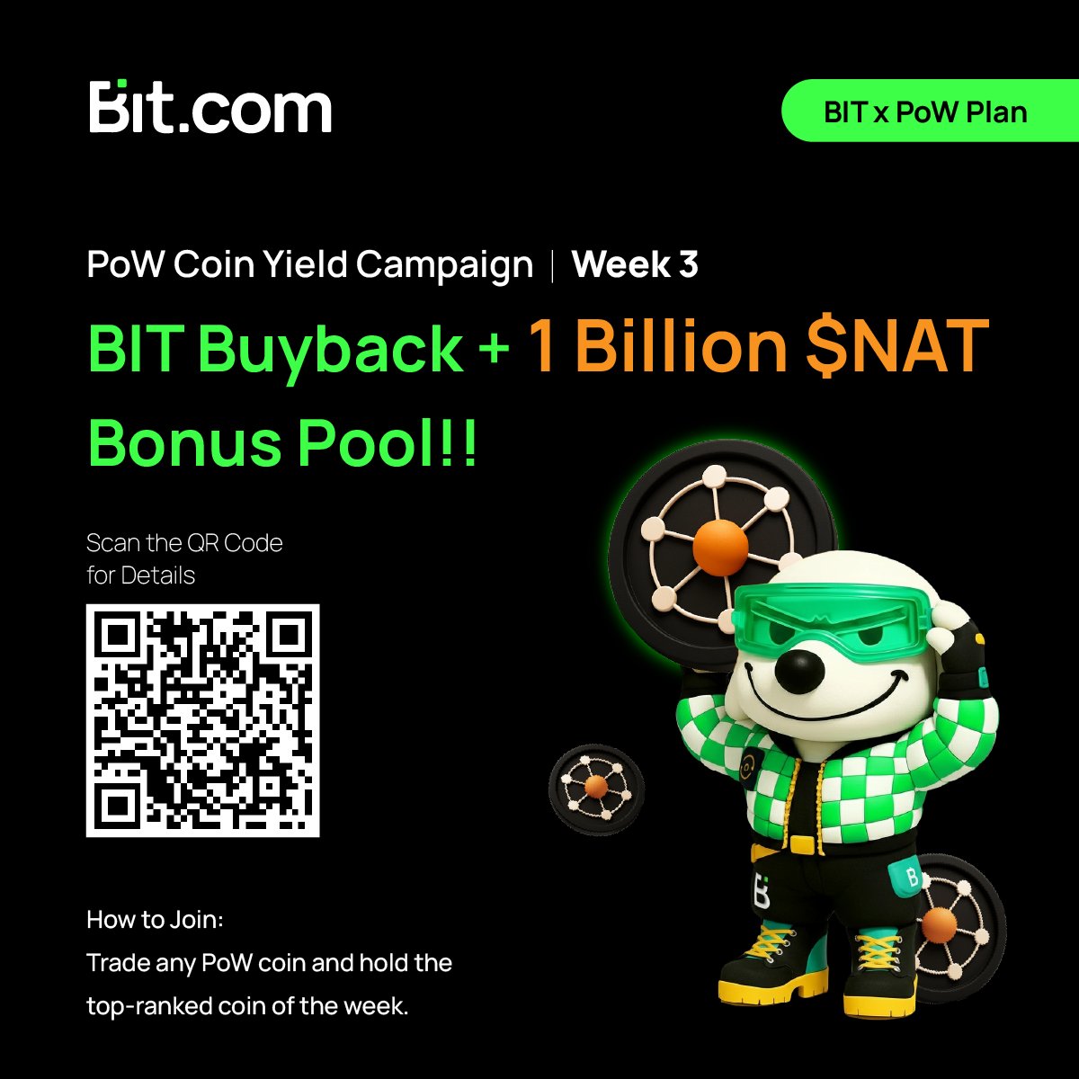 BITCryptoXchg's tweet image. Week 3 of the PoW Coin Yield Campaign is live!

Nov 19–26: the top coin gets a #BIT buyback + 1B $NAT airdrop 🚀

Huge thanks to @natgmi for the strong support! 💚

🎉 Congrats to $PEP @PepecoinNetwork for topping trading volume 2 weeks in a row 

Week 2 rewards: 750U BIT buyback…