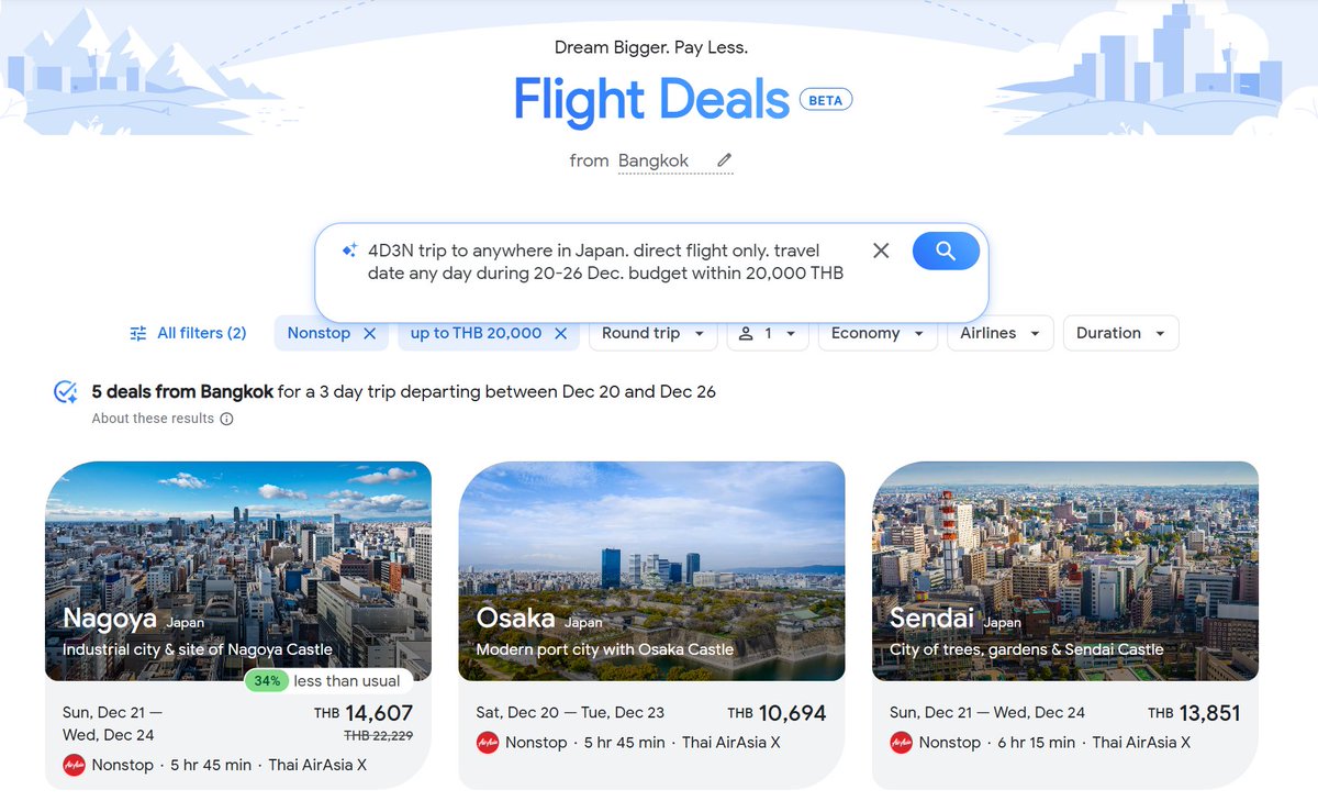 bongtao's tweet image. Google เปิดตัวบริการ Flight Deals = Google Flight + Gemini สามารถพิมพ์ prompt เป็นประโยค ระบุความต้องการ อยากไปไหน เที่ยวธีมไหน บินกี่วัน งบเท่าไร แล้วมันจะดึงไฟลท์ทั้งหมดที่ตรงกับ requirements มาให้ นี่ลองแล้วใช้ได้เลย

โลกเข้ากำลังเข้าสู่ยุค UX แบบใหม่ของการ search แล้ว