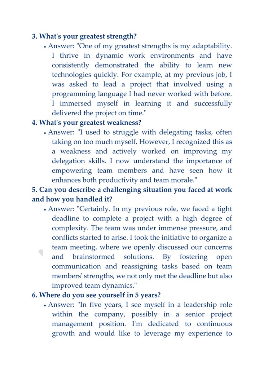 setu_ai_expert's tweet image. 70 TOUGHEST INTERVIEW QUESTIONS &amp;amp; ANSWERS (Pls Share for others)

I have attended a good number of interviews &amp;amp; I’ve interviewed quite a number of people too alongside HR, &amp;amp; I’ve come to understand that 90% go to interviews unprepared &amp;amp; only think of an answer when asked a…