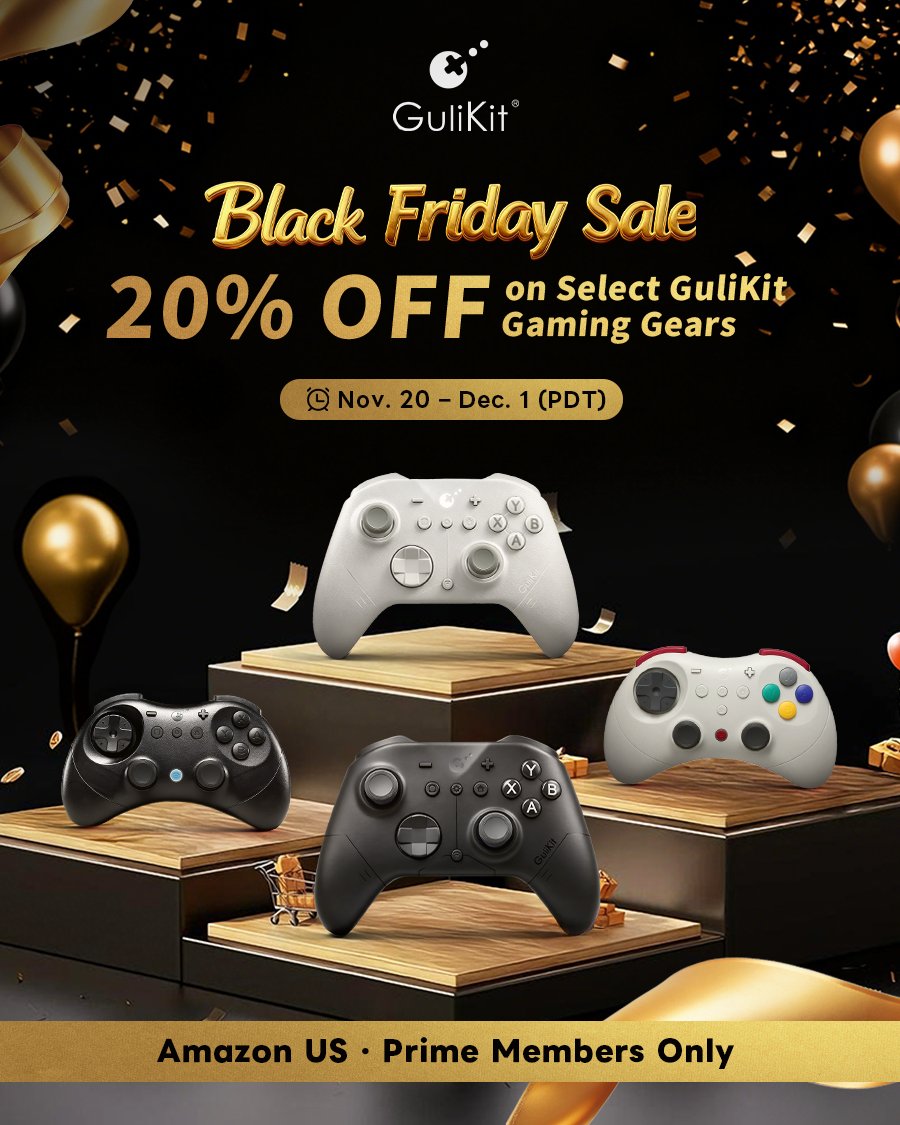 GuliKitDesign's tweet image. 🎮 Black Friday is here! 🖤 

From Nov. 20 – Dec. 1 (PDT), enjoy 20% OFF on select GuliKit game controllers and gaming accessories exclusively on Amazon US!

Whether you&apos;re leveling up your gaming gear or hunting for the perfect holiday gift, now’s the best time to grab GuliKit&apos;s…