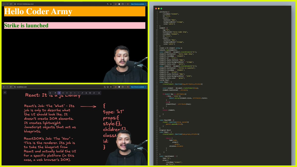 Rajectedguy's tweet image. Web Dev Journey Update 🚀

Today I learned the core foundations of React ⚛️
🔹 Imperative DOM vs Declarative UI
🔹 Why UI = f(state)
🔹 React.createElement (no JSX!)
🔹 React vs ReactDOM — different roles
#ReactJS #WebDevelopment  #100DaysOfCode